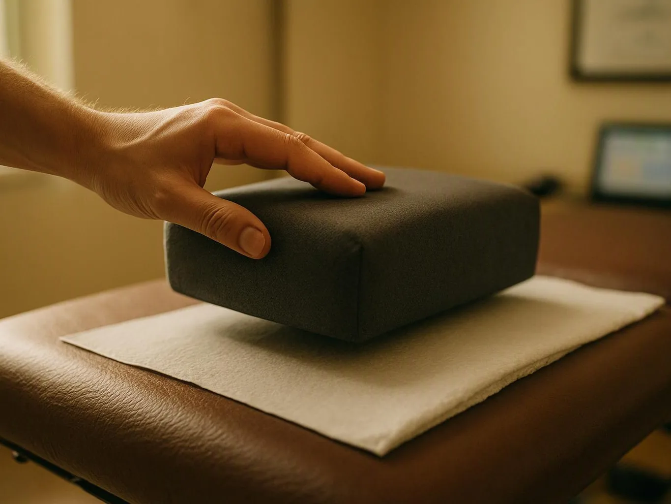 A hand presses a dark foam block on a folded white cloth over a brown table