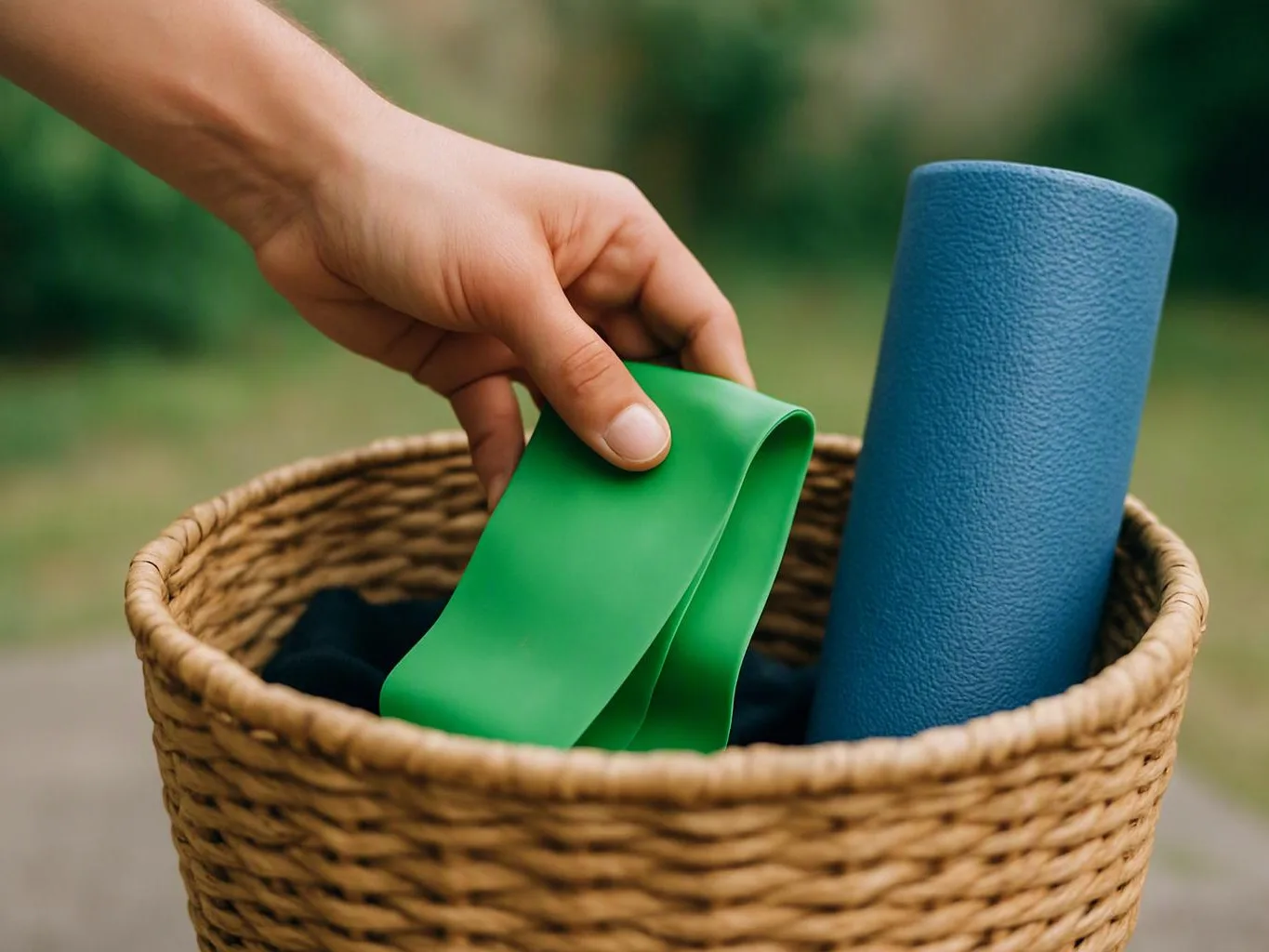 A hand reaches into a wicker basket, holding a green resistance band beside a blue yoga mat outdoors