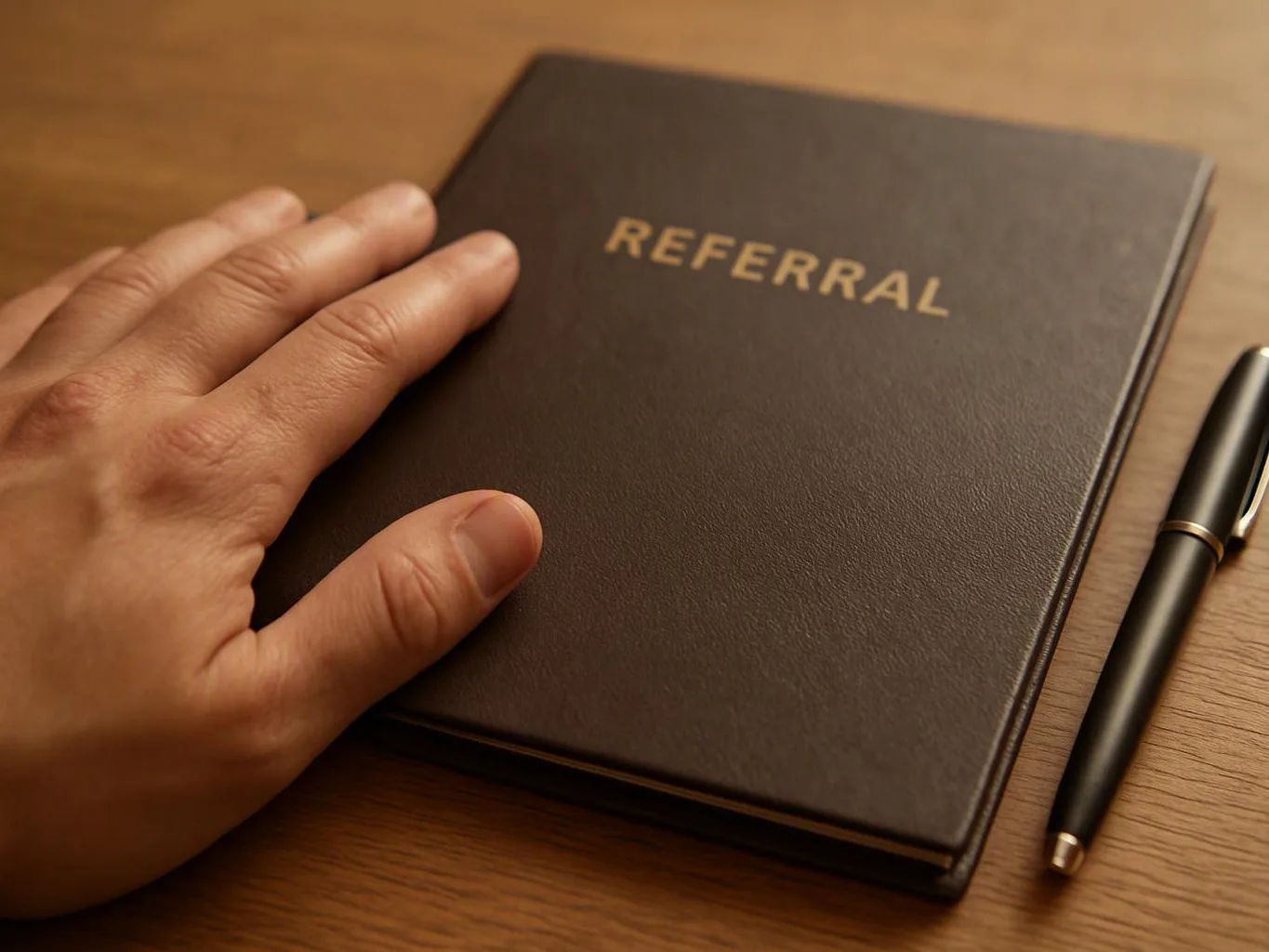 A hand rests on a black notebook labeled “REFERRAL” beside a pen on a wooden desk