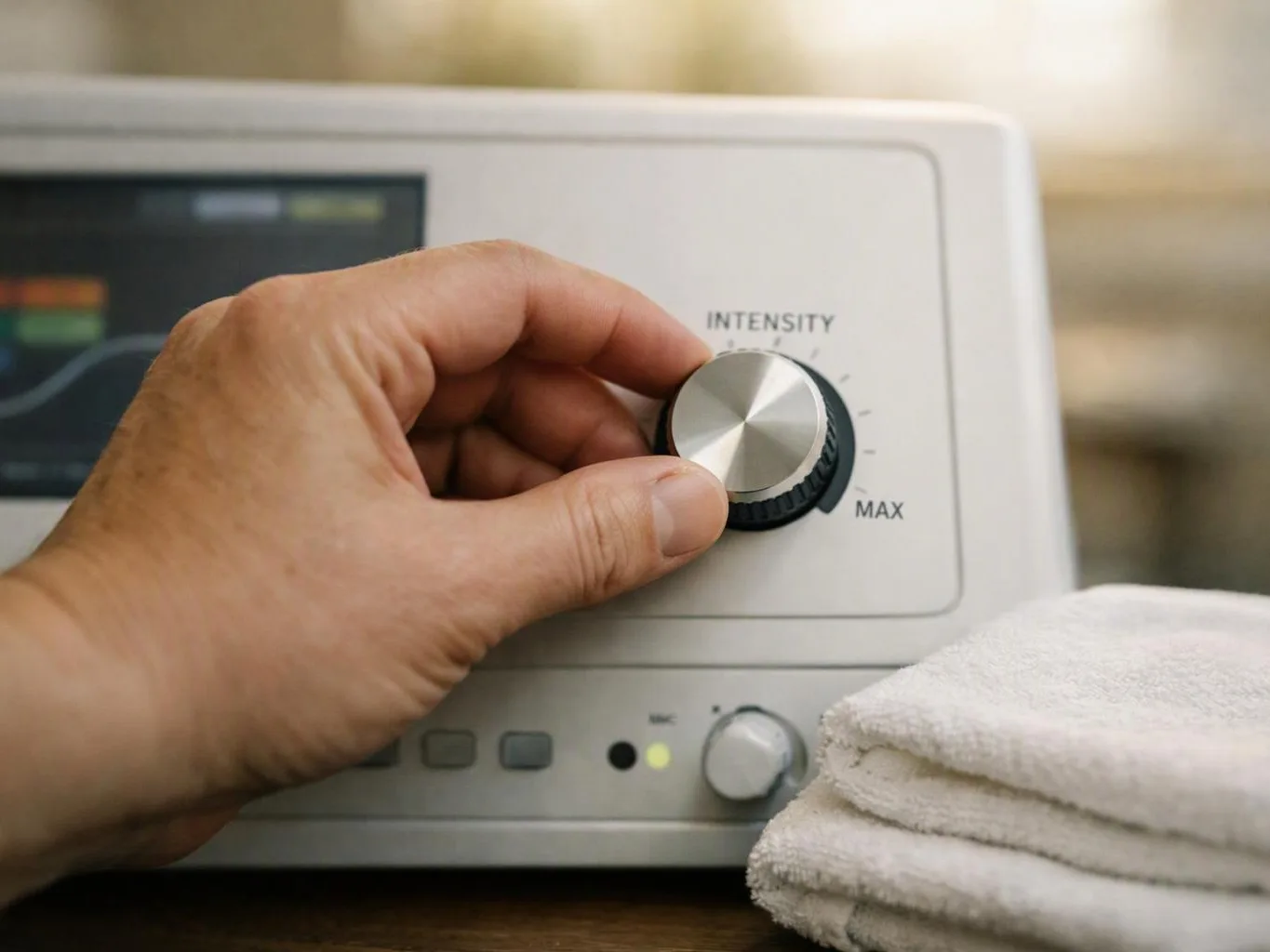 A hand turns the intensity knob on a white machine beside folded towels indoors