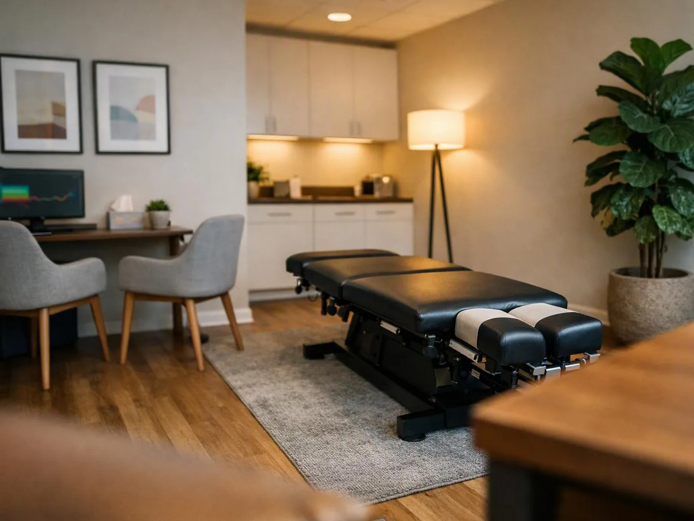 A chiropractic treatment table sits in a warm office with a desk, chairs, cabinets, lamp, and potted plant