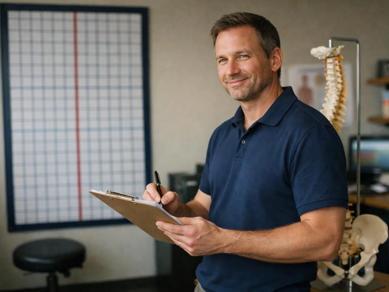 A smiling man in a navy polo writes on a clipboard in a medical office with anatomy models and a chart behind him