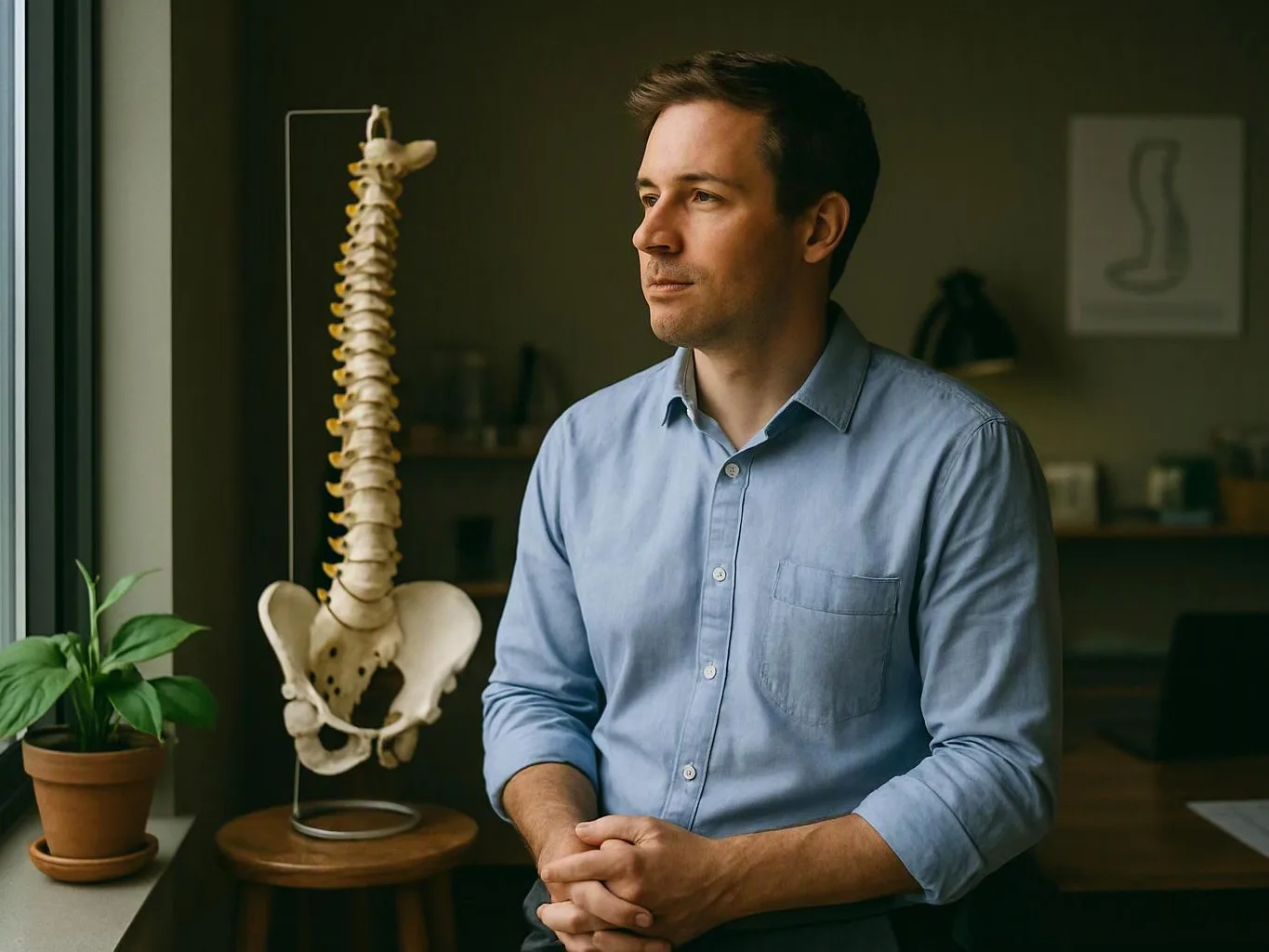 A man in a blue shirt sits beside a spine model in a dim office