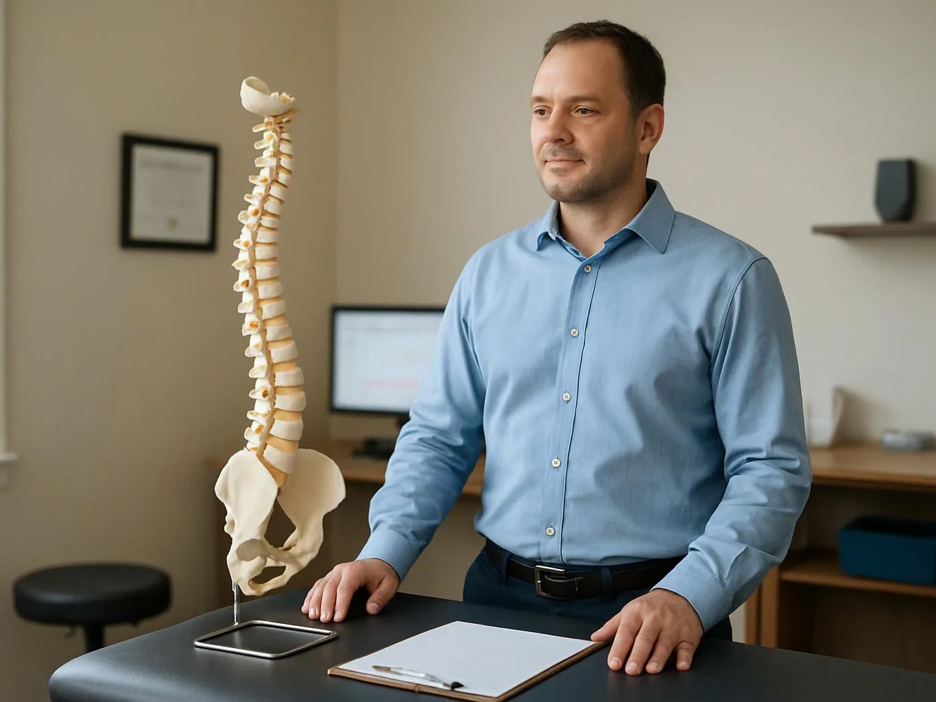 A man in a blue shirt stands beside a spine model in a clinic office, with a desk and computer behind him