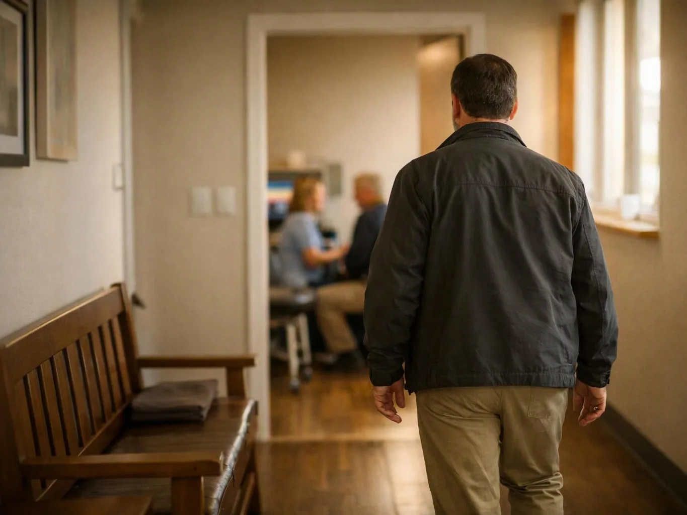 A man in a dark jacket walks down a bright hallway toward two blurred people in a room