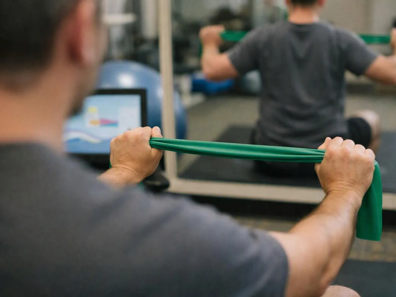 A man in a gym pulls a green resistance band while facing a mirror
