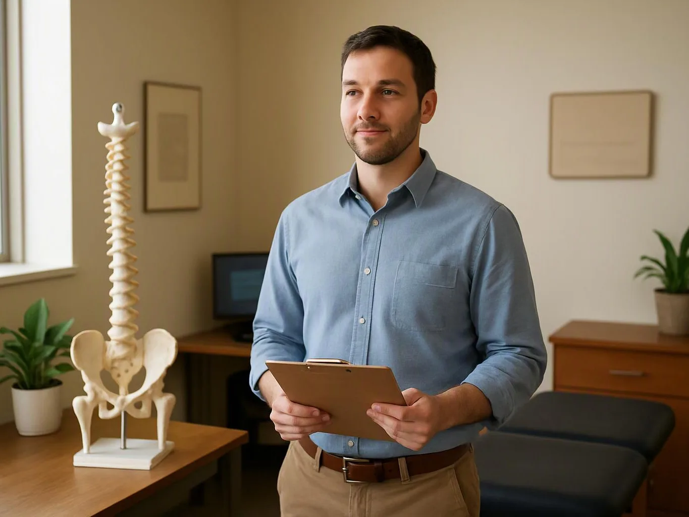 A man holds a clipboard in a bright clinic office beside a spine model and exam table