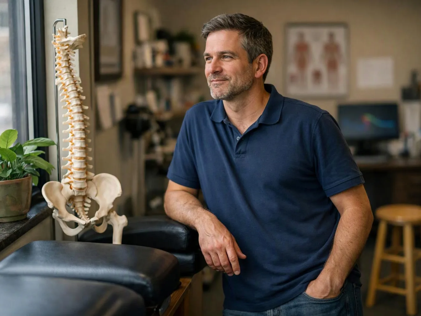 A man in a navy polo leans beside a spine model in a clinic room