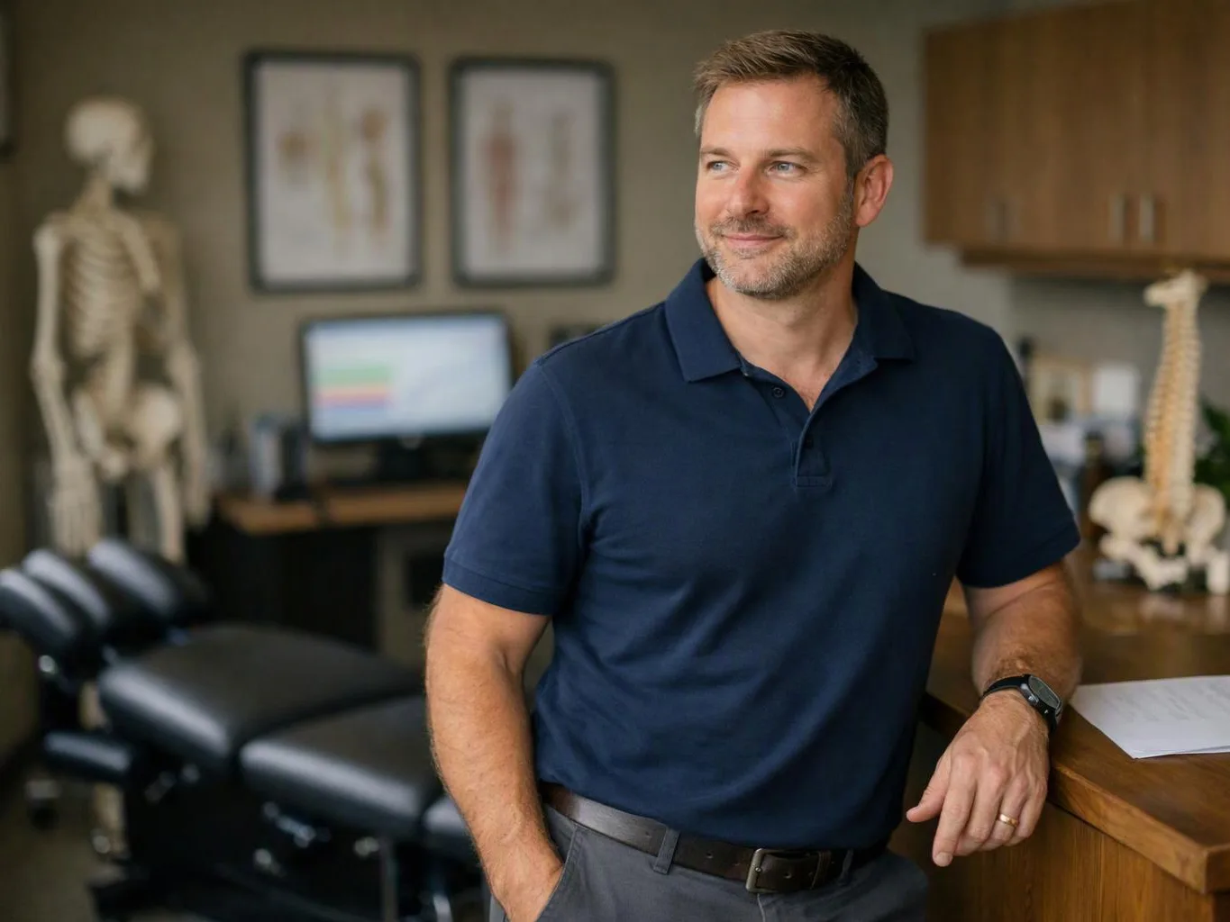 A man in a navy polo stands beside a desk in a clinic room, with skeleton models and examination tables behind him