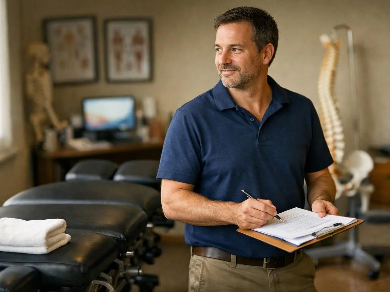 A man in a navy polo writes on a clipboard inside a treatment room with exam tables and a skeleton model