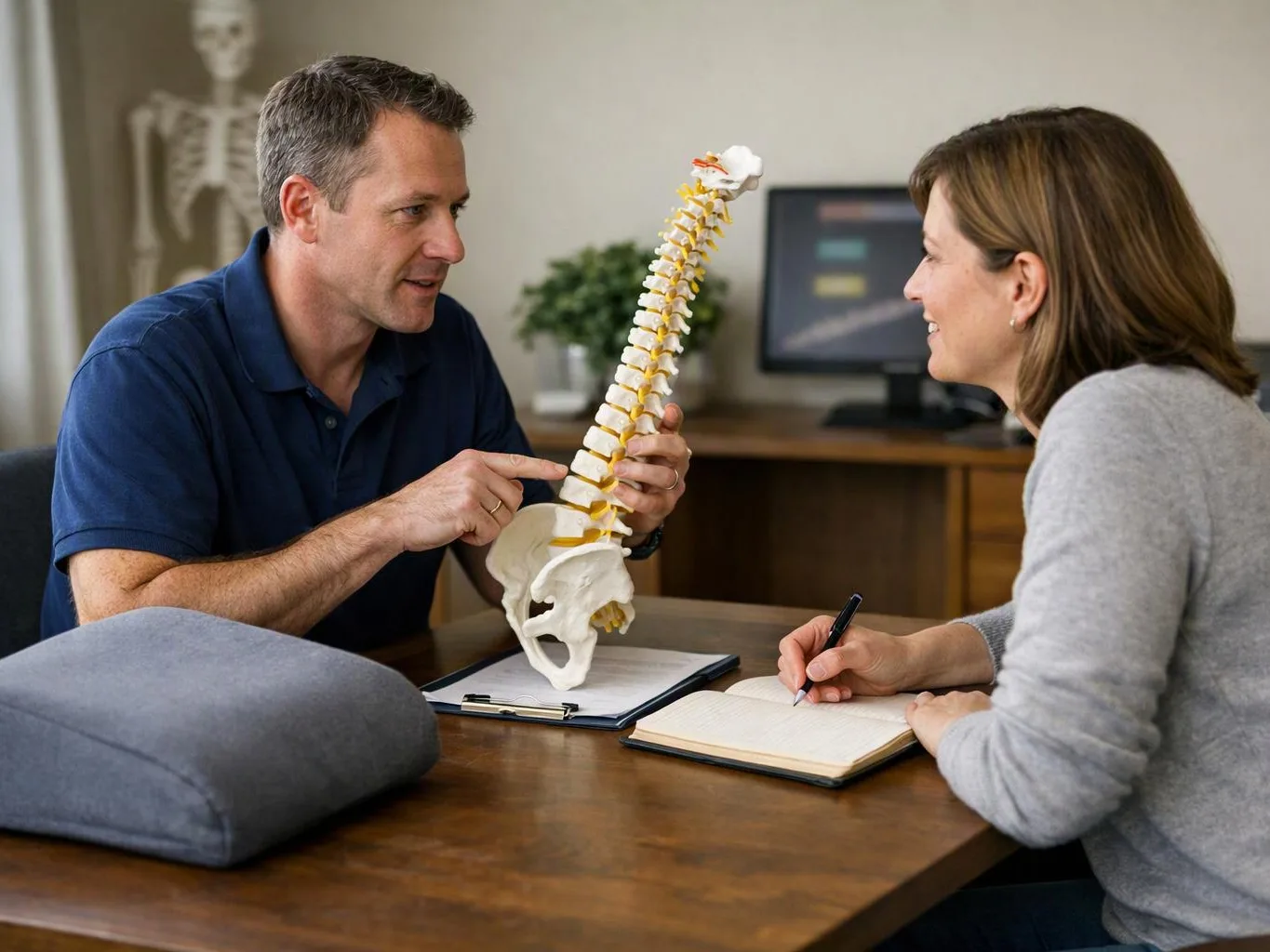 A man points to a spine model while talking with a woman taking notes at a table