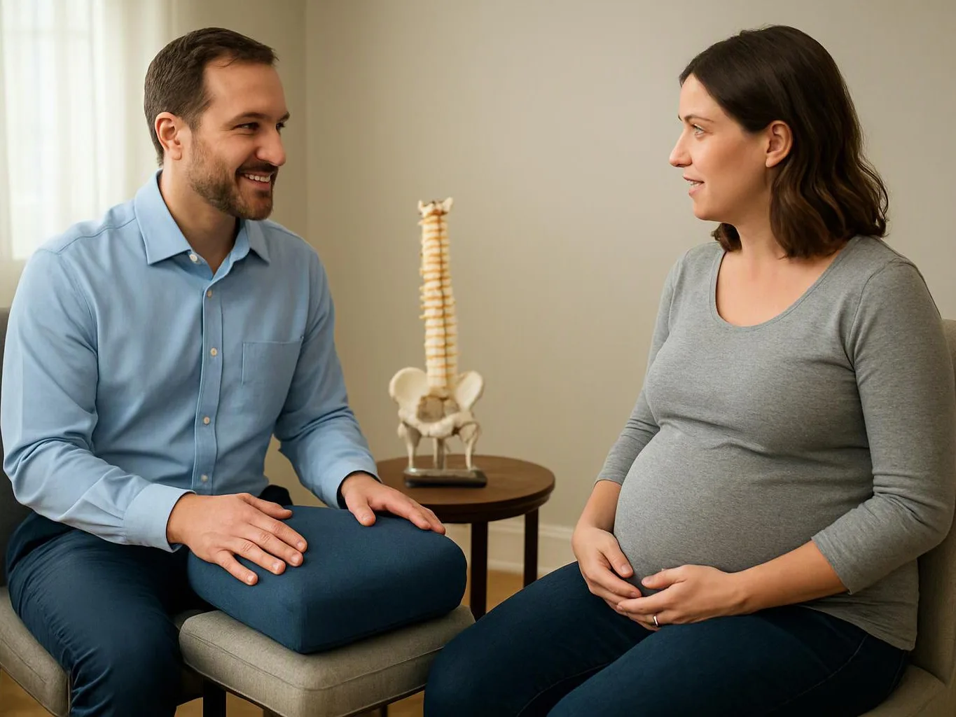 A man and pregnant woman sit facing each other in a clinic room with a spine model on a side table