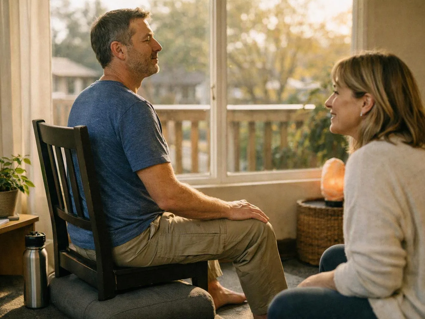 A man sits on a chair by a sunny window, while a smiling woman faces him nearby in a cozy room