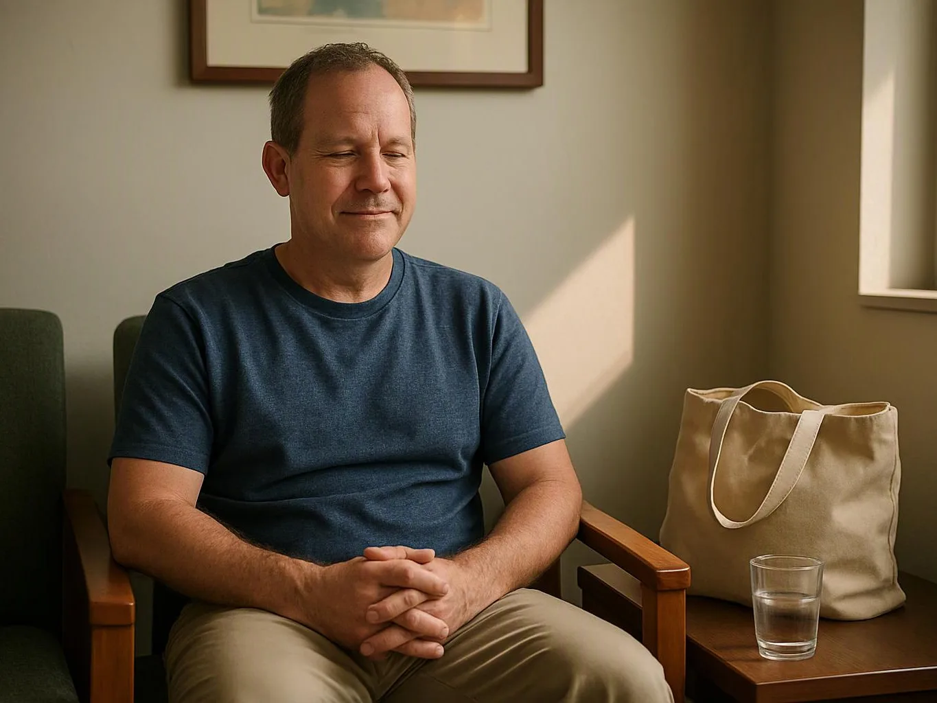 A man sits with clasped hands beside a beige tote bag and a glass in a sunlit waiting room