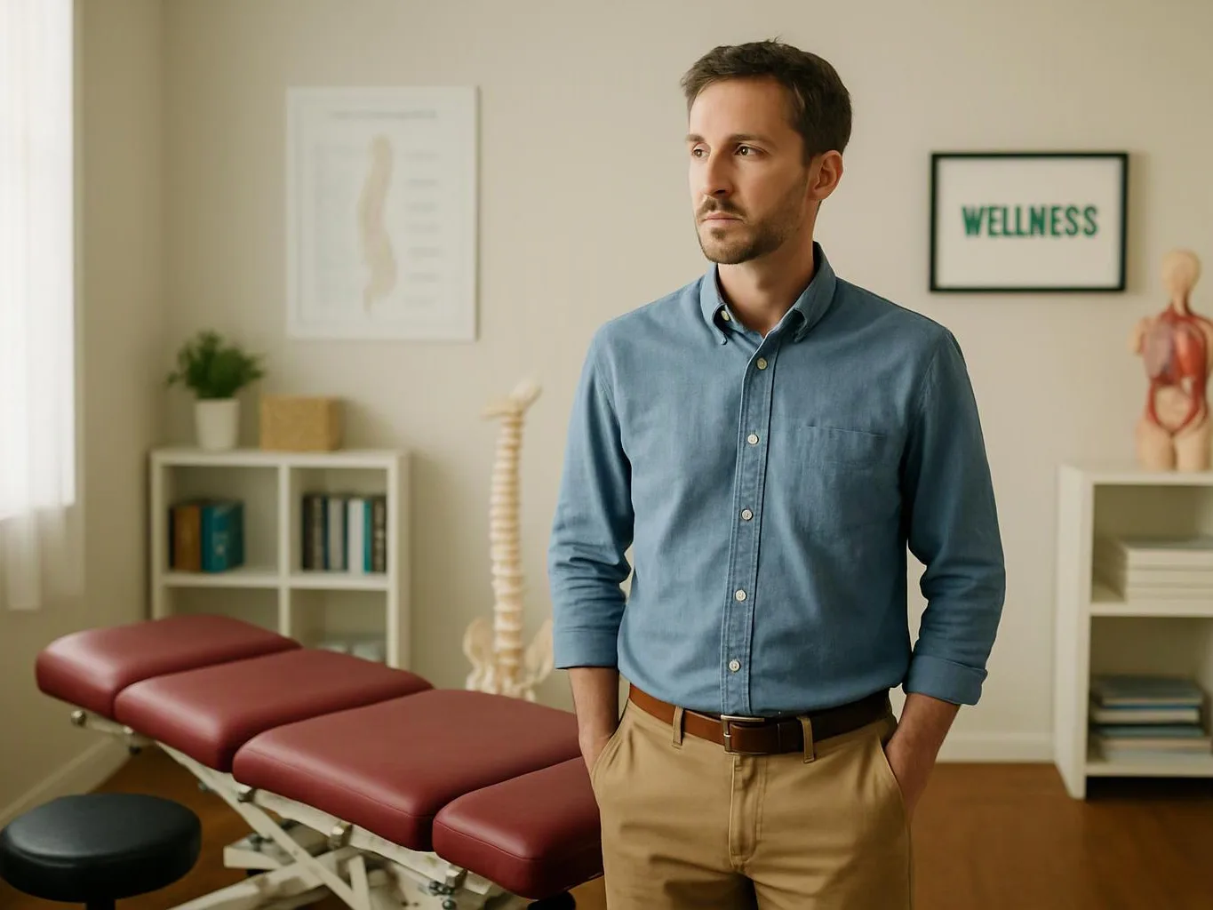 A man stands in a bright exam room beside a red treatment table, with wellness decor behind him