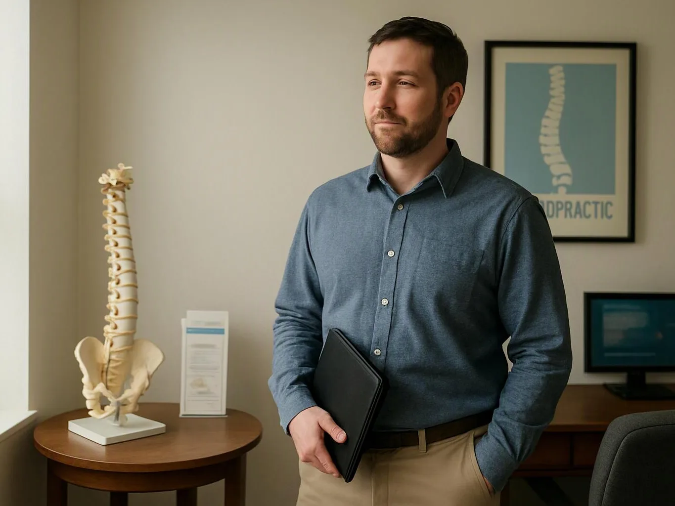 A man stands in a clinic office holding a black folder beside a spine model and framed medical poster
