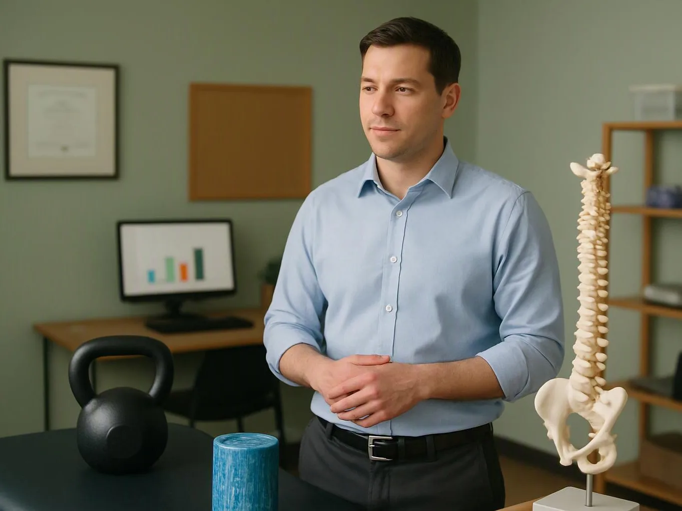 A man stands in an office beside a spine model, with a kettlebell and foam roller on the table