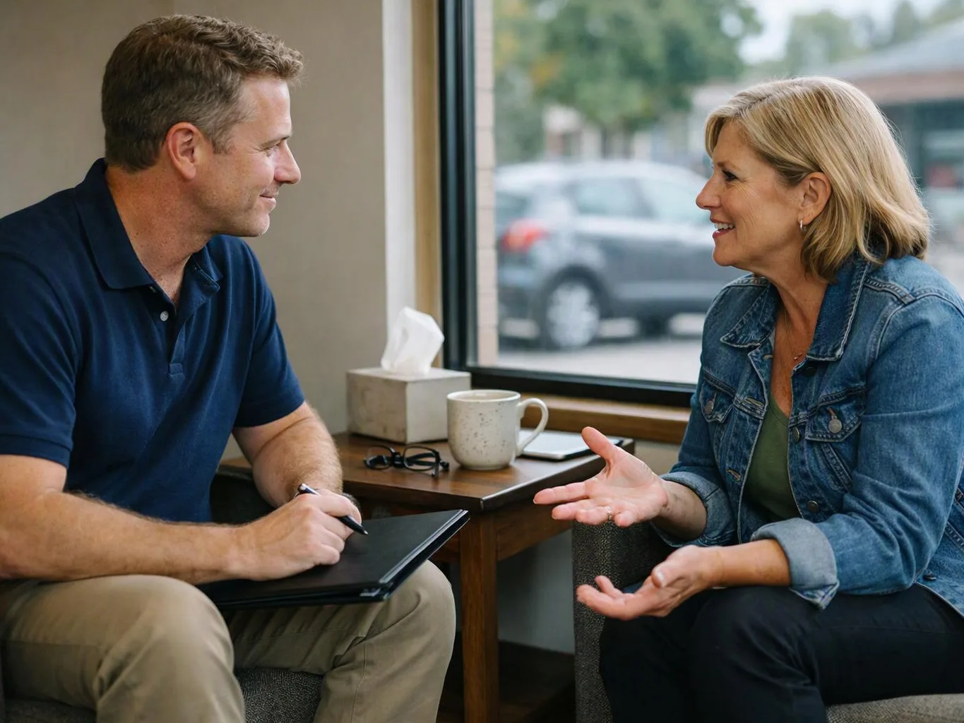 A man takes notes while talking with a smiling woman in a small office by a window