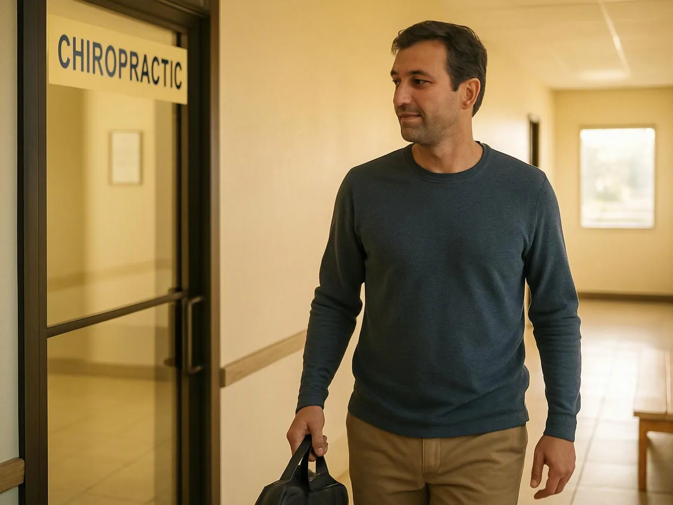 A man walks down a hallway holding a black bag, beside a door marked “CHIROPRACTIC”