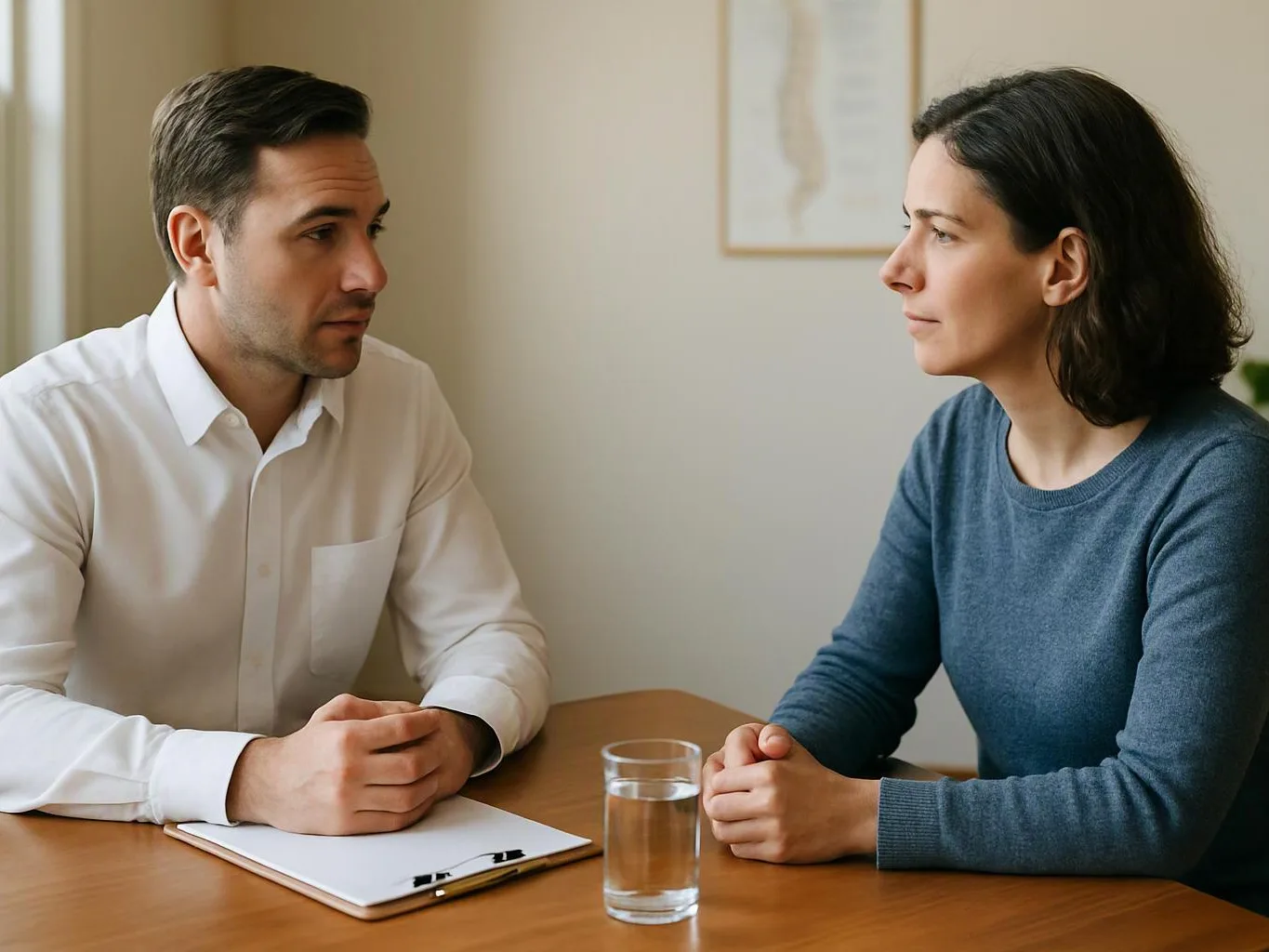 A man and woman sit across a table, facing each other in a quiet conversation with a glass of water between them