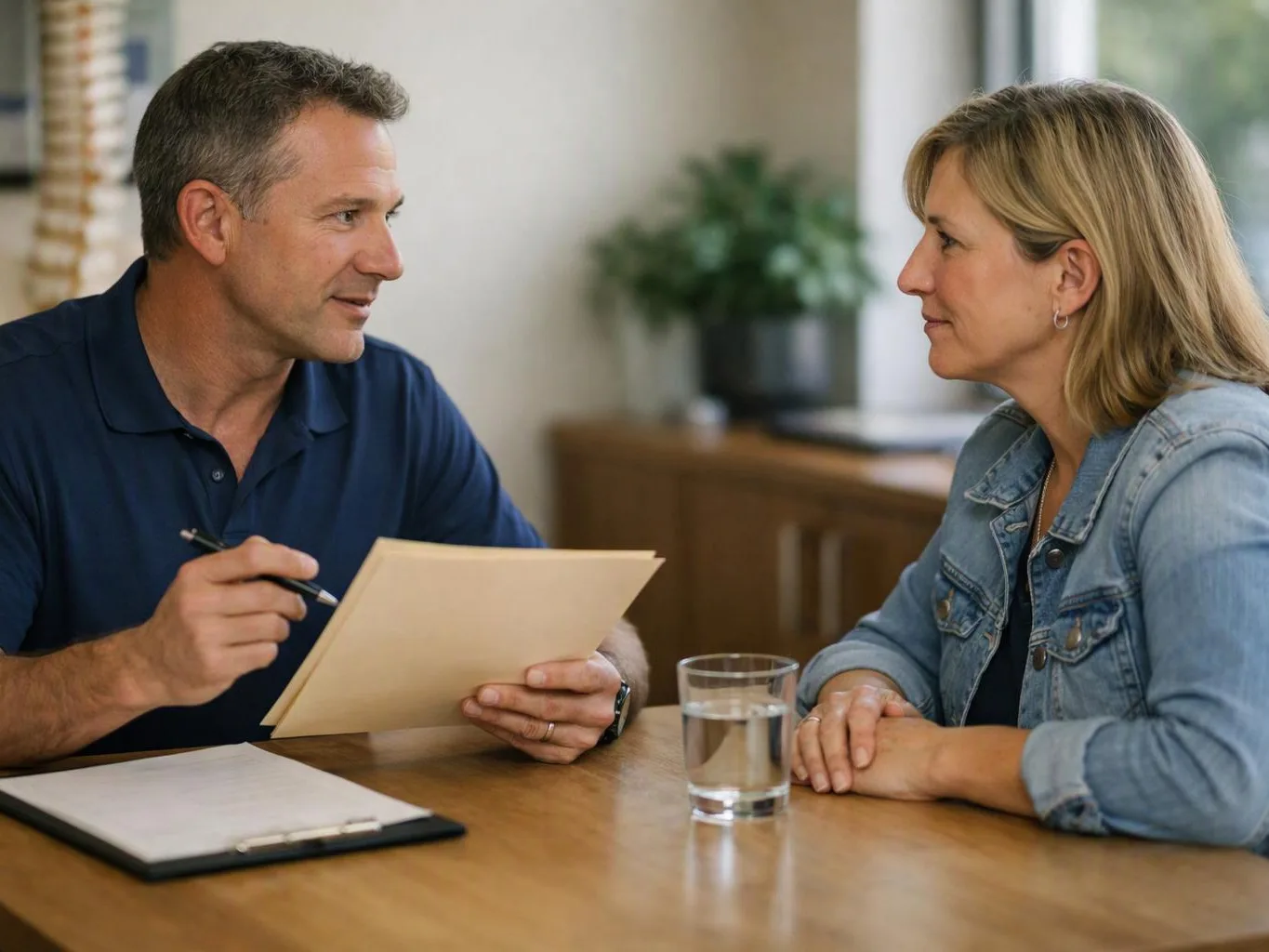 A man and woman sit at a table, talking while he holds papers and a pen in a bright room