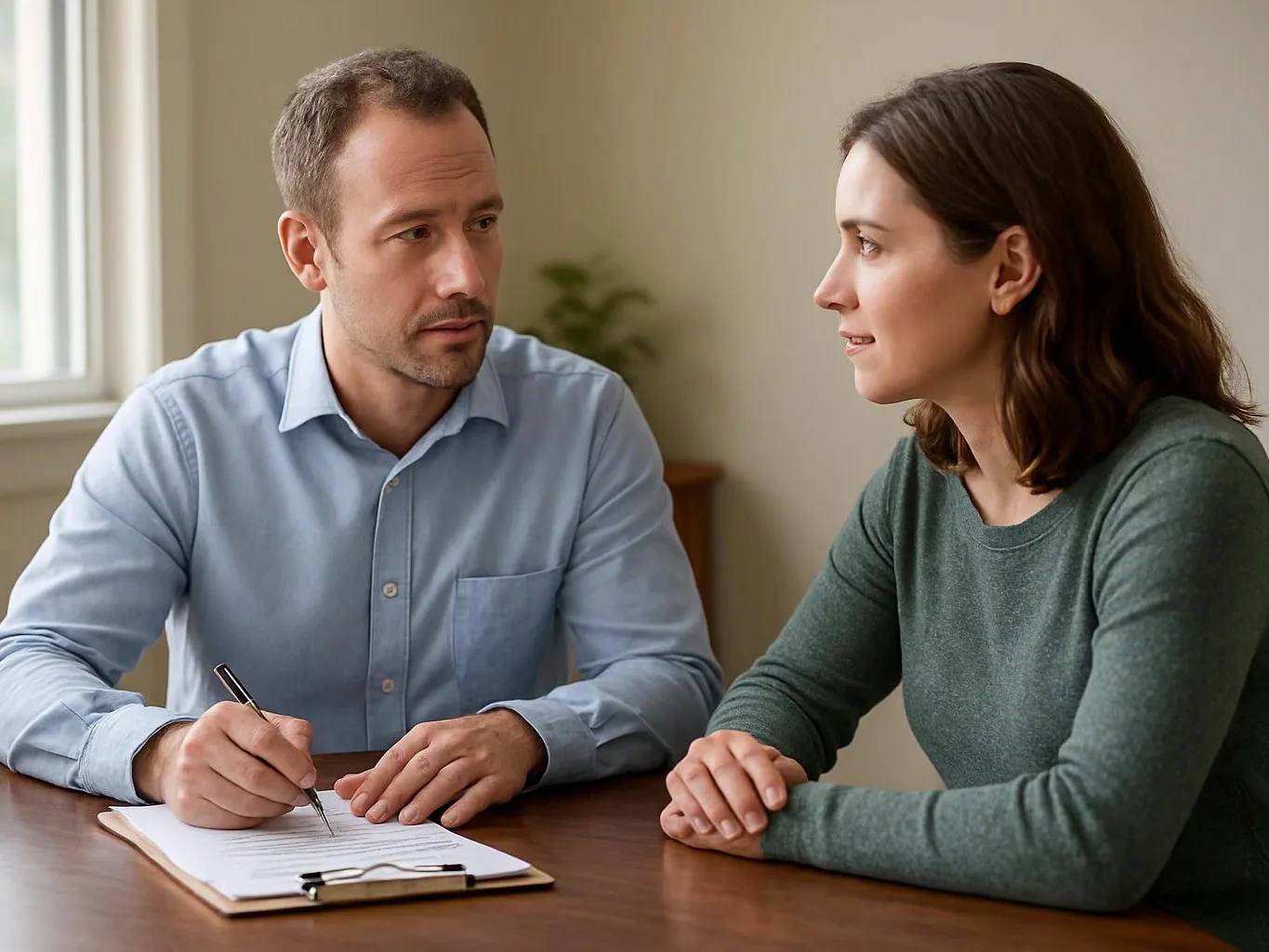 A man writes on a clipboard while talking with a woman across a wooden table in a bright room