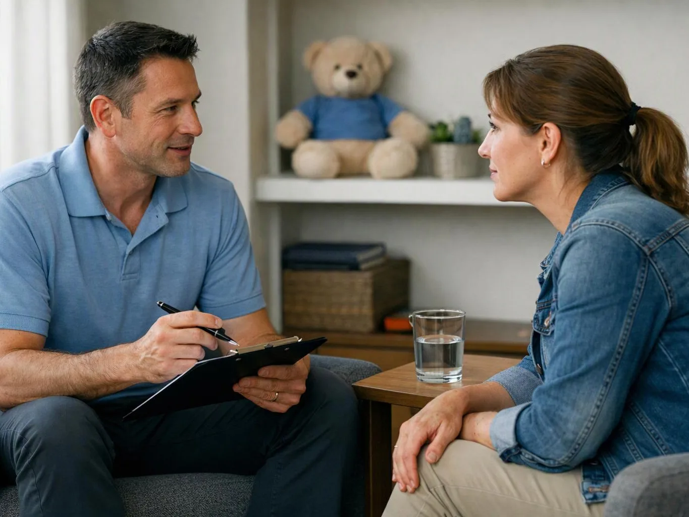A man writes on a clipboard while talking with a woman seated across from him in a cozy 상담 room