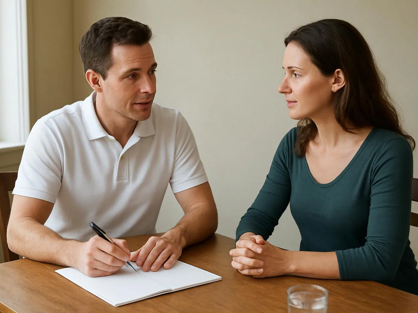 A man writes in a notebook while talking with a woman seated across a wooden table indoors