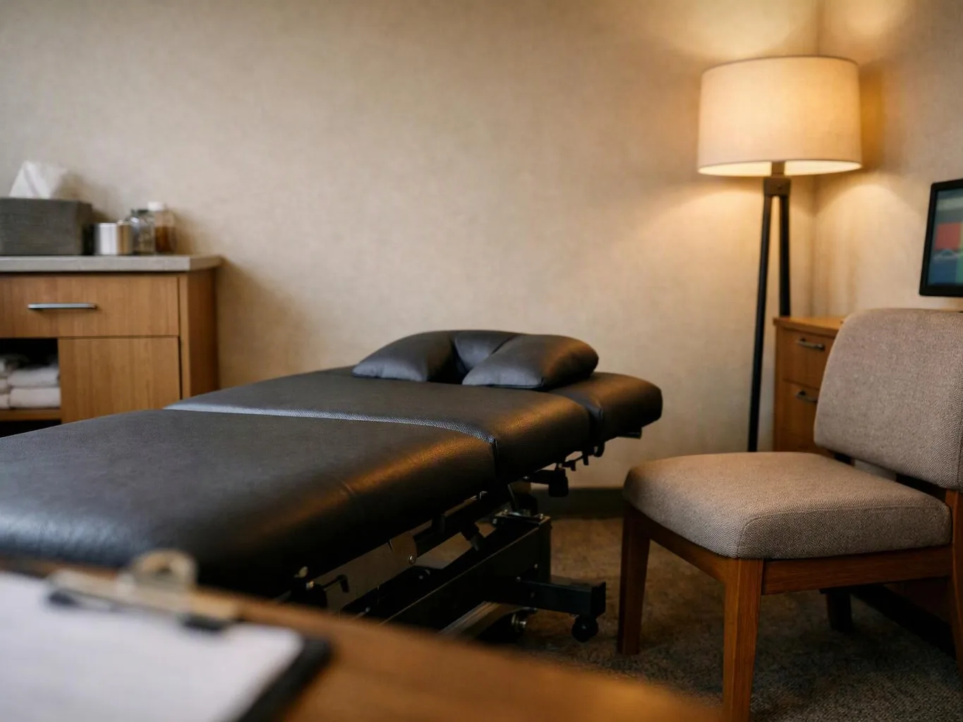 A massage table sits in a quiet room beside a chair, lamp, and wooden cabinets