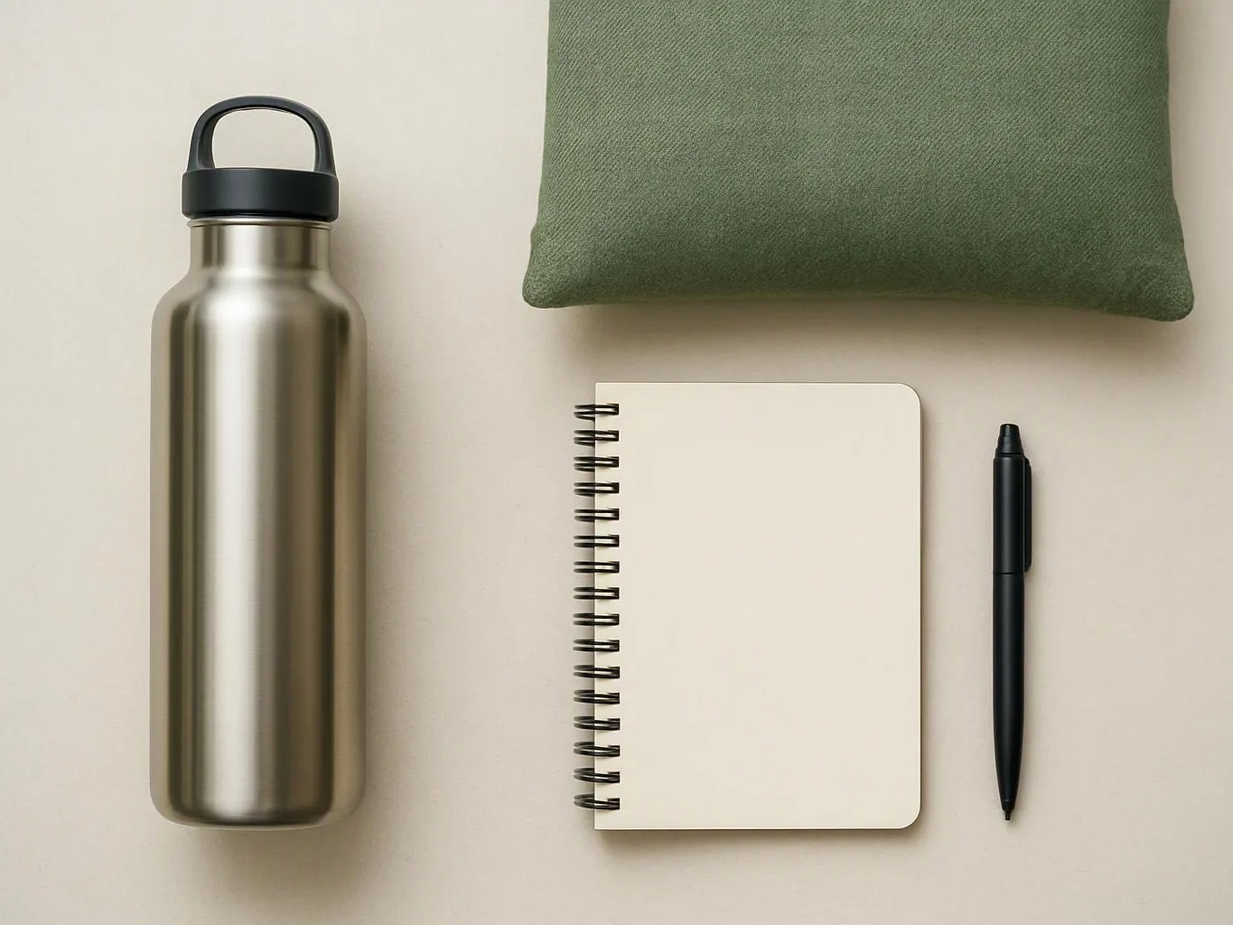 A metal water bottle, blank spiral notebook, black pen, and green pouch are arranged on a beige surface