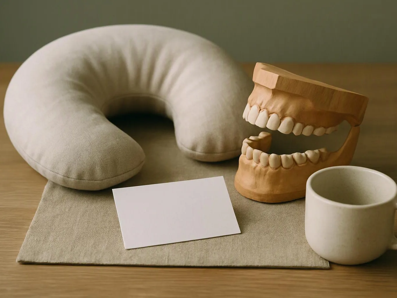 A neck pillow, wooden teeth model, blank card, and white cup sit on a tabletop mat