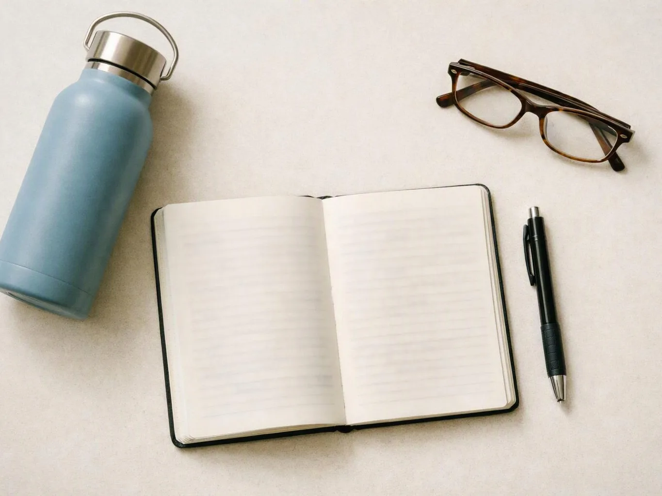 An open blank notebook sits beside a blue water bottle, glasses, and a pen on a light surface