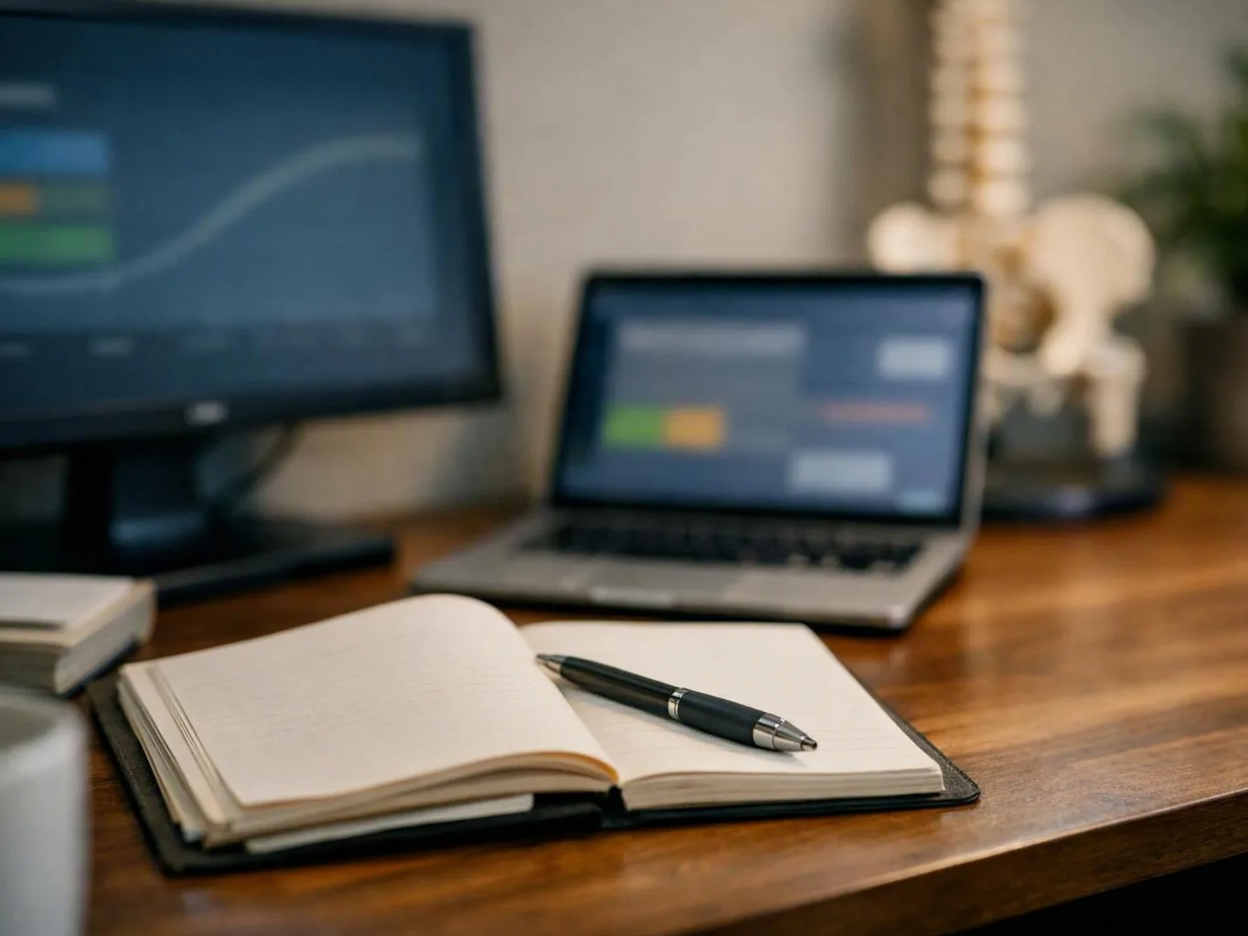 An open notebook with a pen sits on a wooden desk beside a laptop, monitor, and model spine skeleton