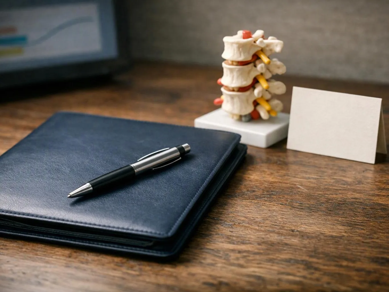 A pen rests on a blue folder beside a small spine model and blank card on a wooden desk
