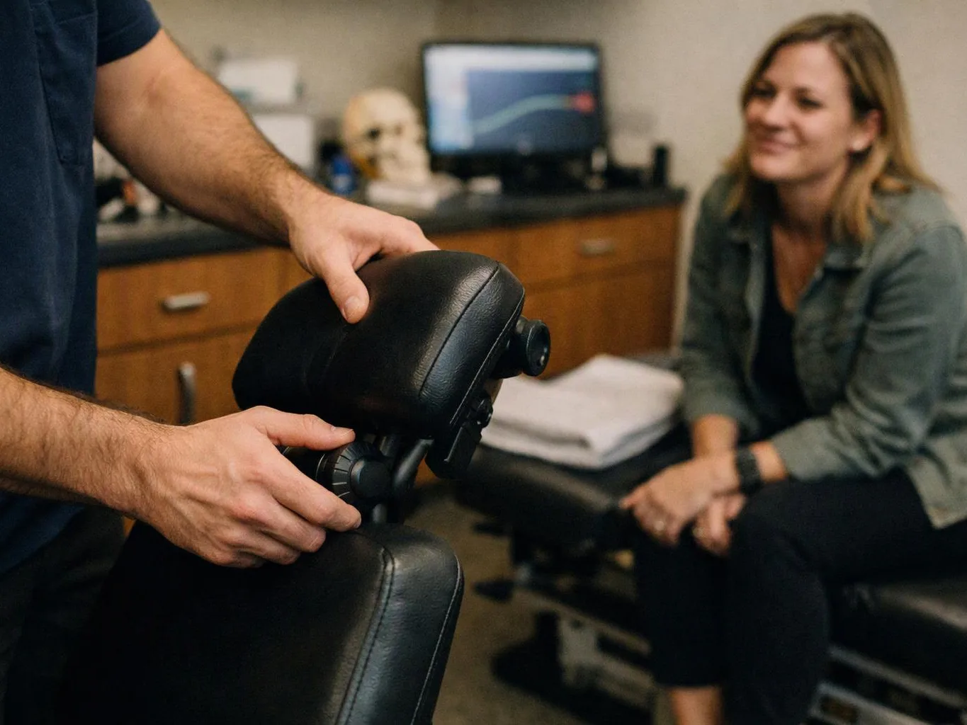 A person adjusts a padded treatment table in a clinic while a seated woman watches nearby