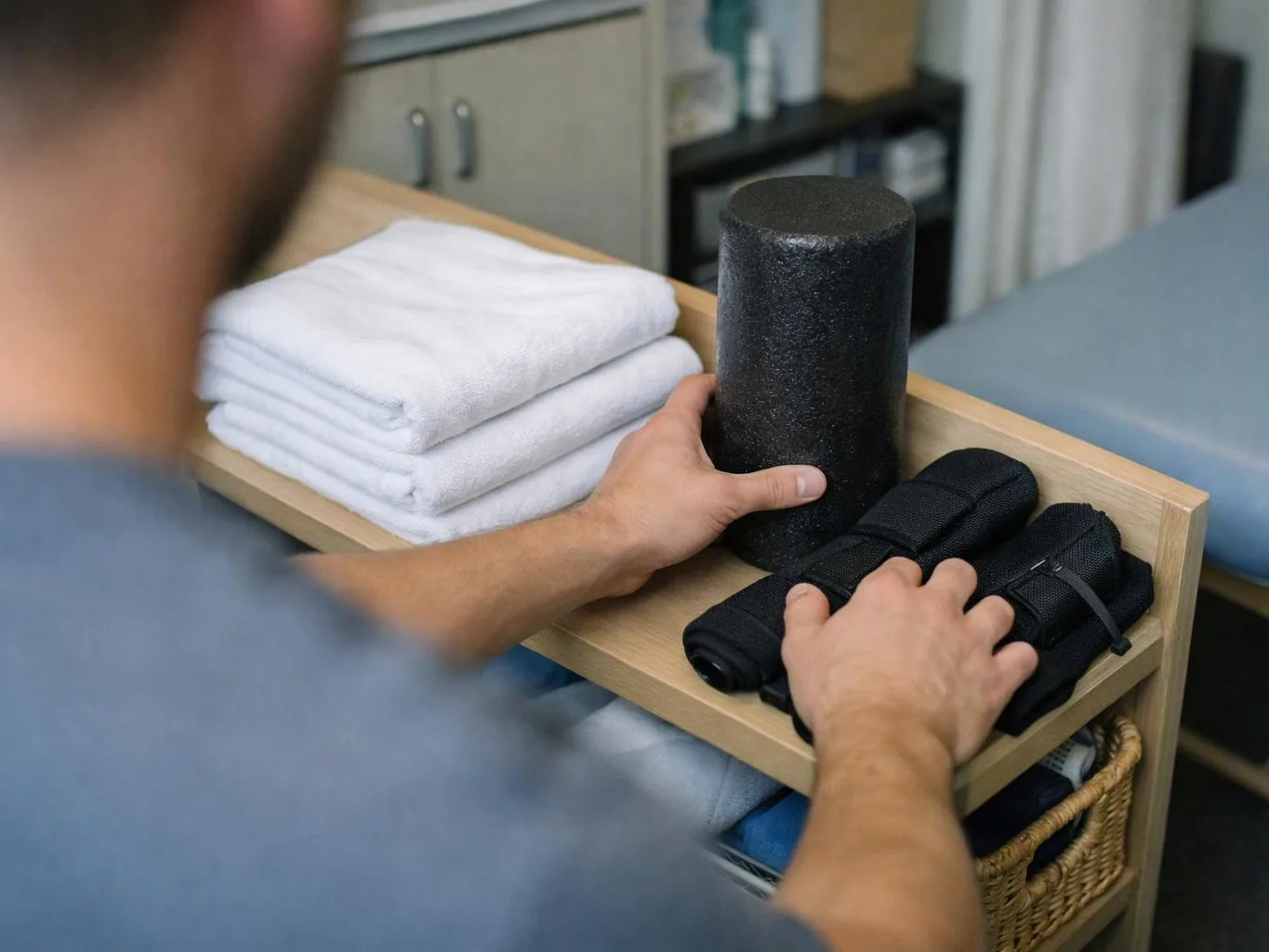 A person arranges folded towels, a black foam roller, and rolled straps on a wooden shelf in a treatment room