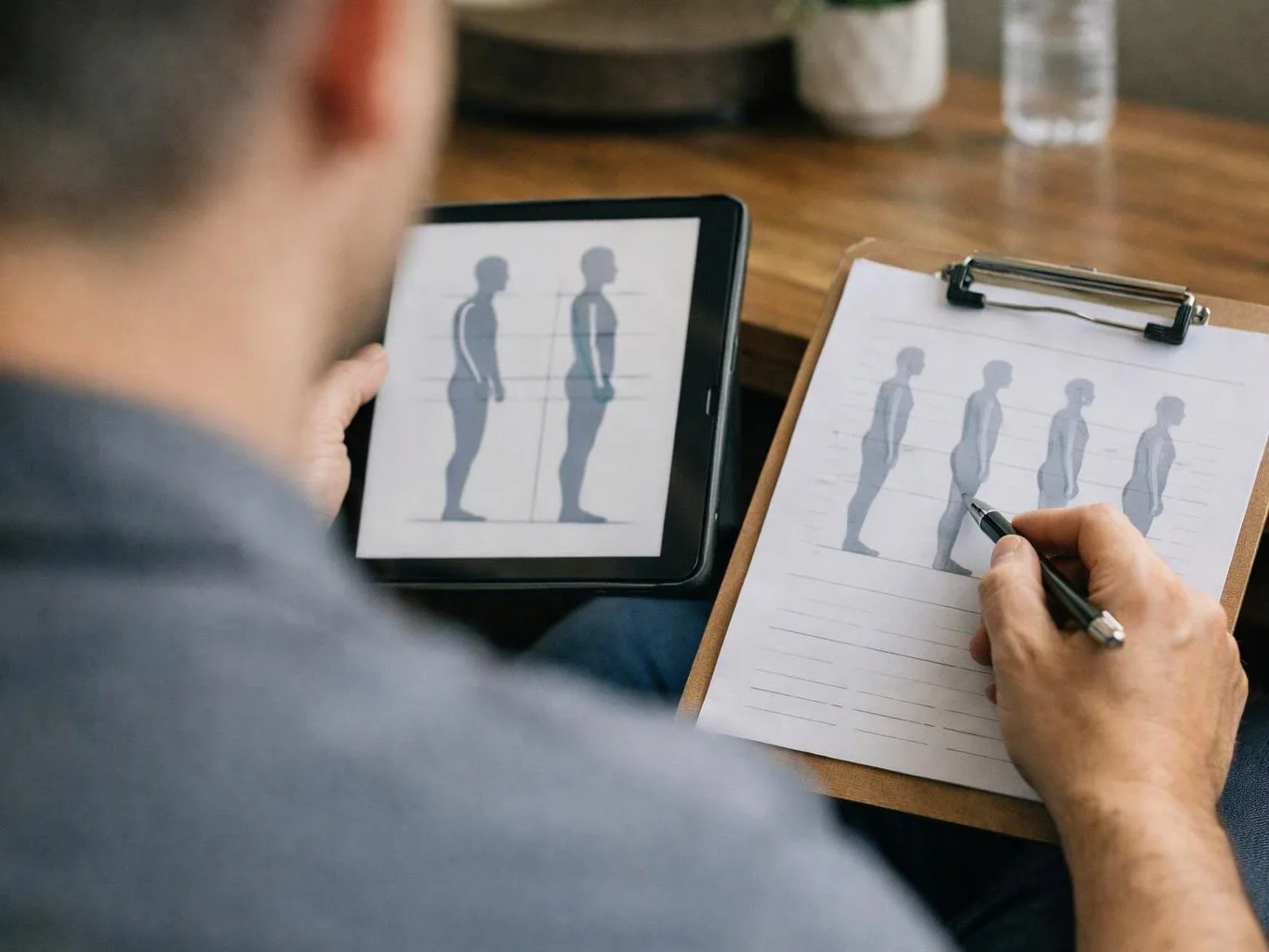A person compares body silhouette images on a tablet and clipboard while holding a pen at a table