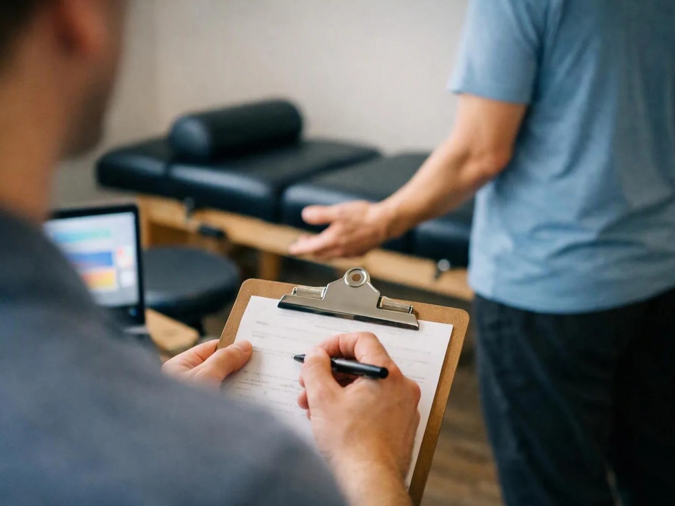 A person fills out a clipboard form while another gestures near a therapy table in a clinic room