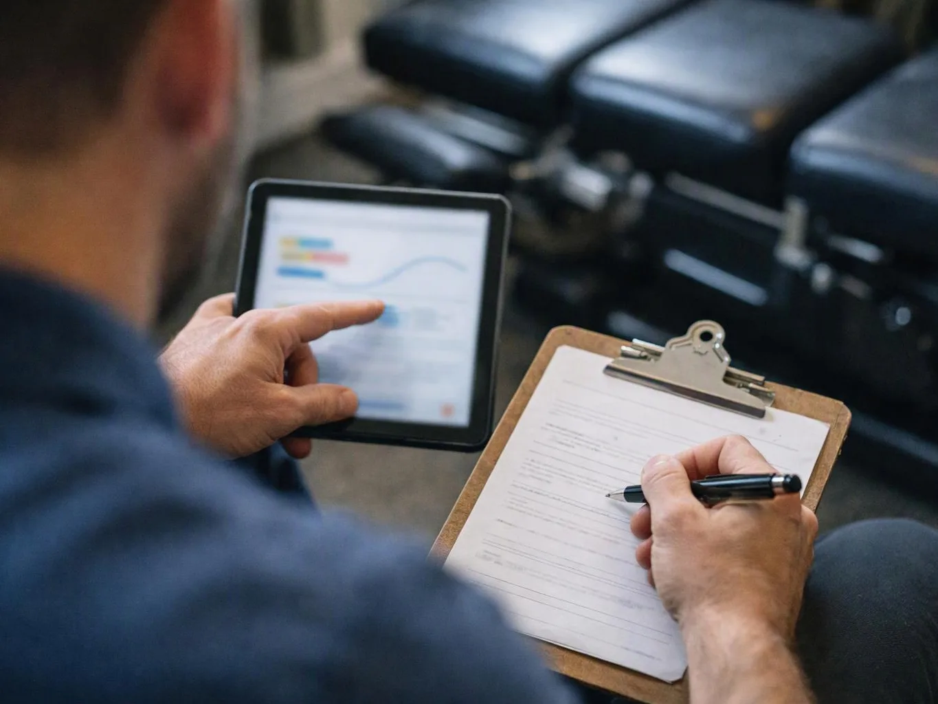 A person fills out a clipboard form while pointing at a tablet in a dim waiting room