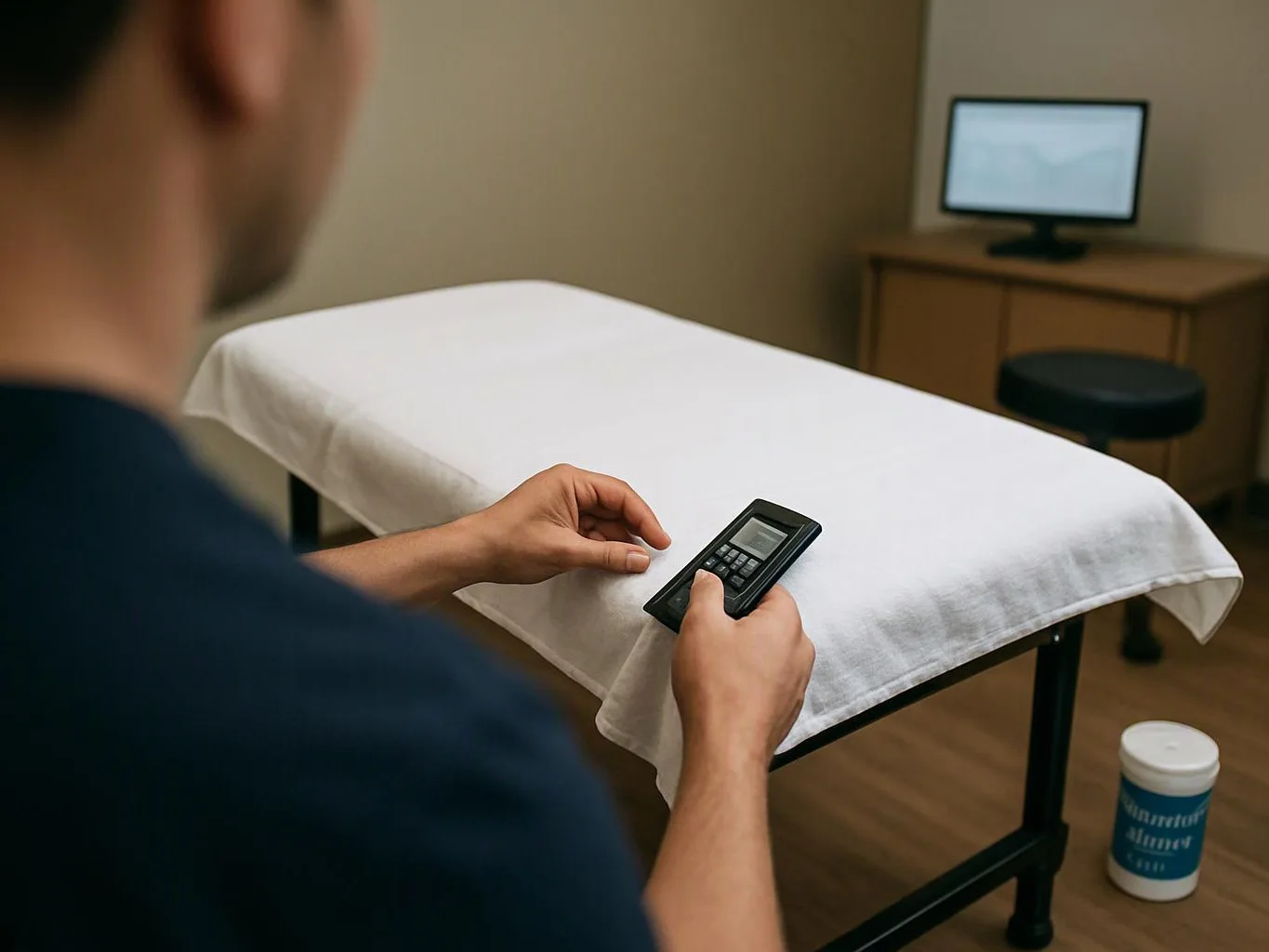 A person holds a remote control beside a covered exam table in a small room with a monitor and stool