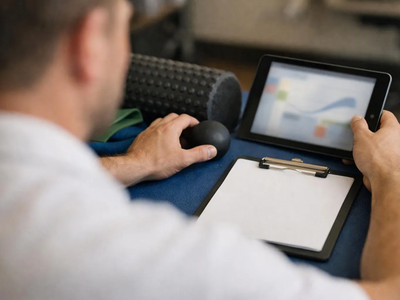 A person holds a tablet beside a clipboard, foam roller, and massage ball on a table