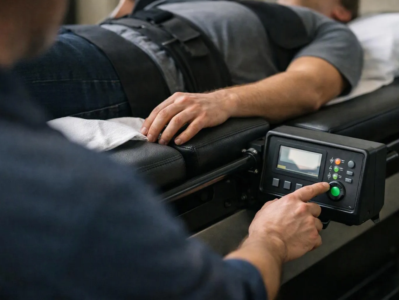 A person lies face down on a padded medical table while another adjusts a control panel nearby