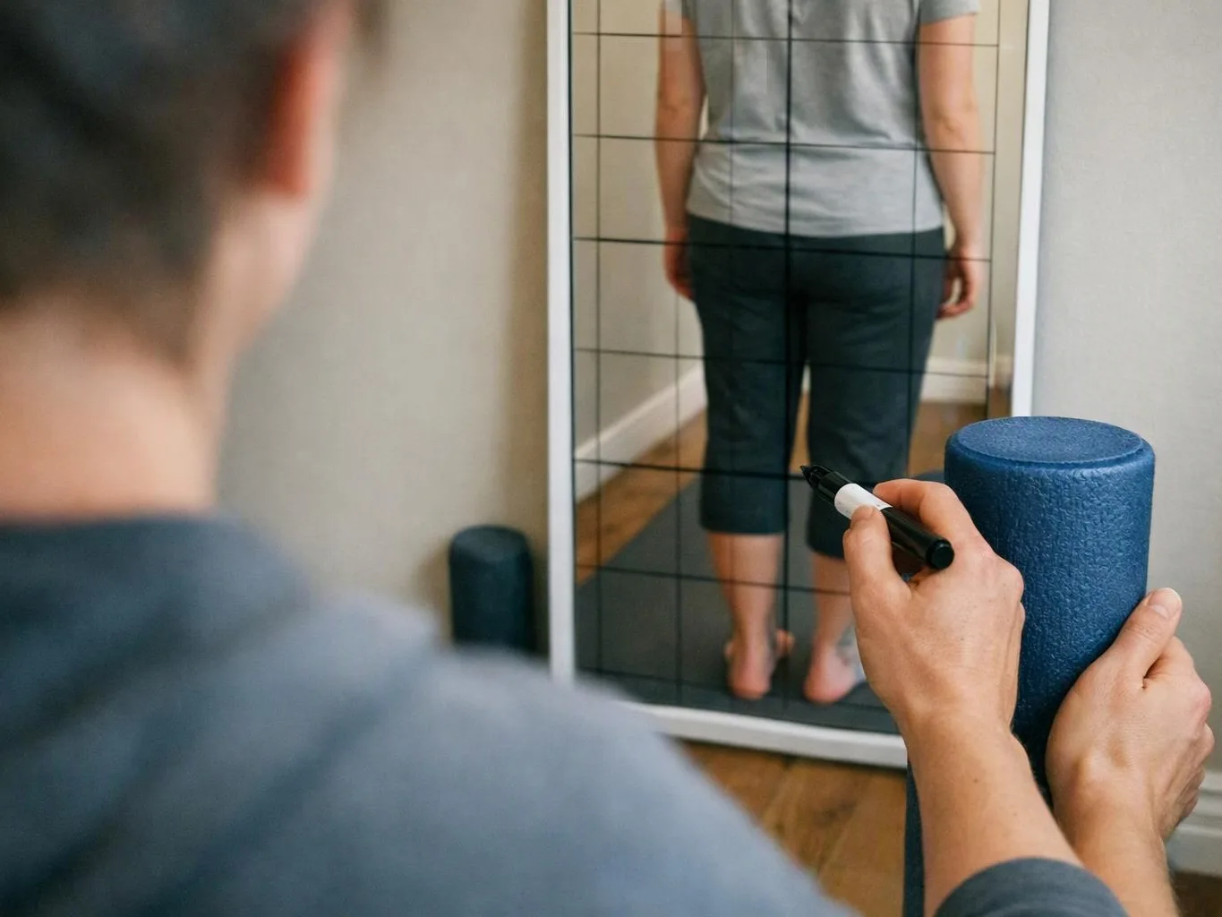 A person marks measurements on a mirror while holding a blue foam roller and watching their reflection