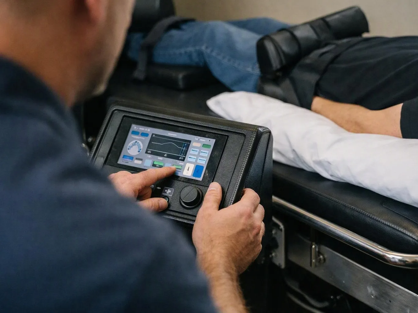 A person operates a control panel beside a patient lying on a medical stretcher