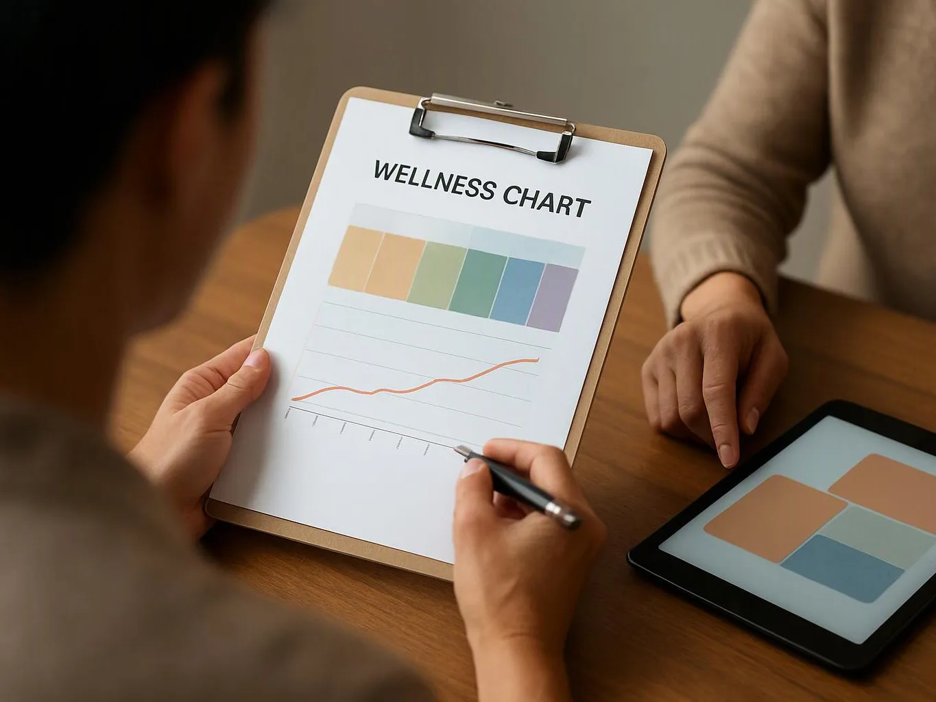 A person points at a clipboard wellness chart while another hand rests near a tablet on a wooden table