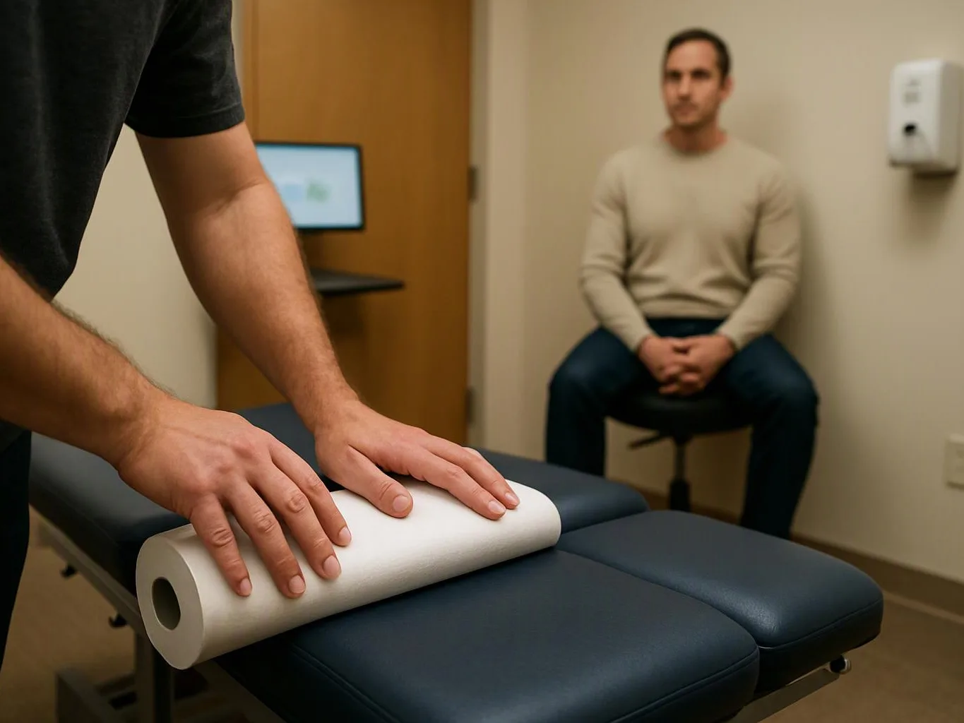 A person presses a white foam roller on a padded treatment table while another sits across the room in a clinic room
