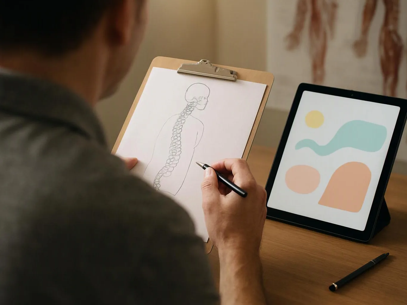 A person sketches a spine on a clipboard beside a tablet with simple abstract shapes on a desk