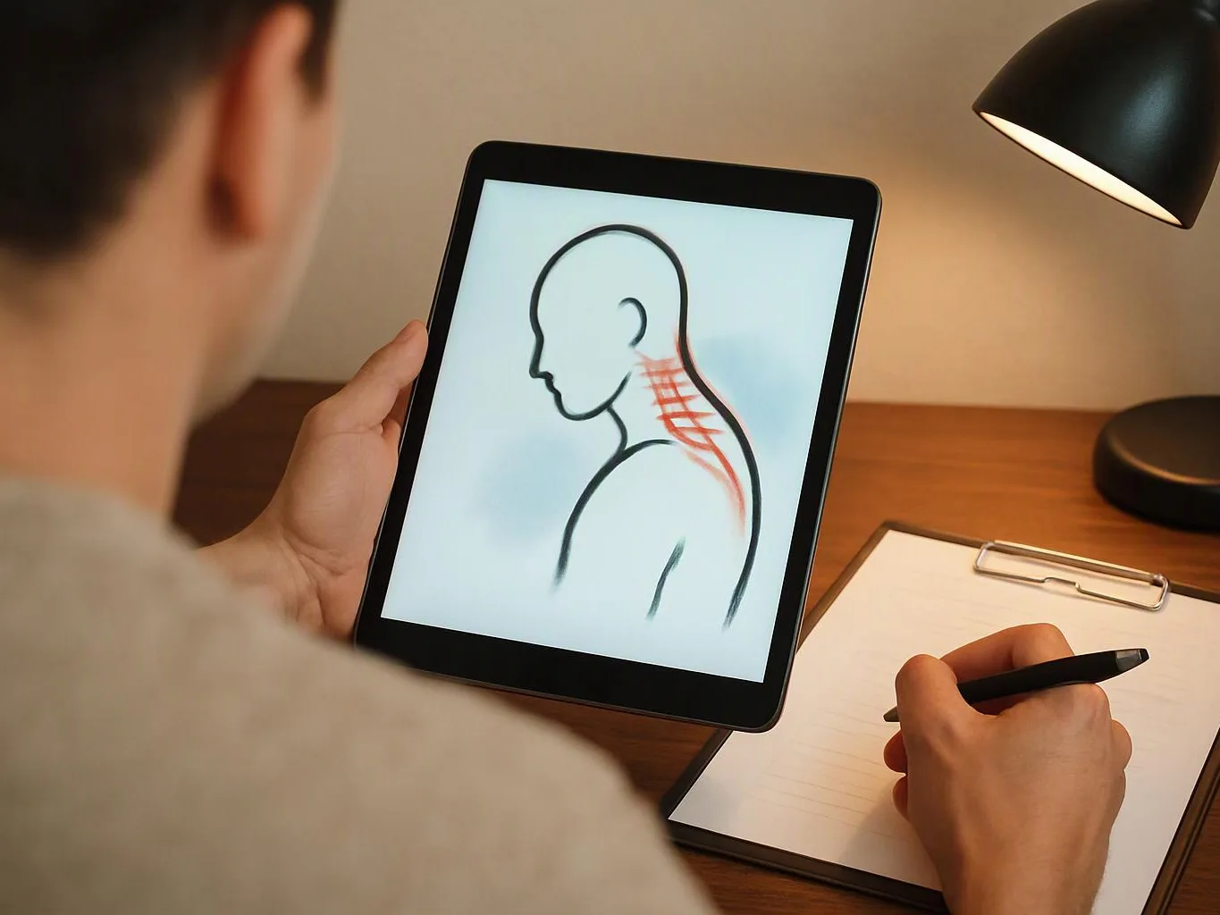 A person studies a tablet showing a neck pain illustration while writing notes at a desk under a lamp