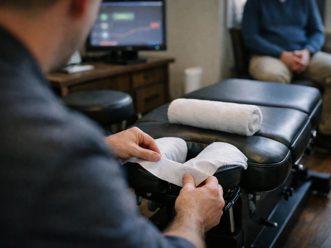 A person wraps a padded treatment table with white paper in a small clinic room