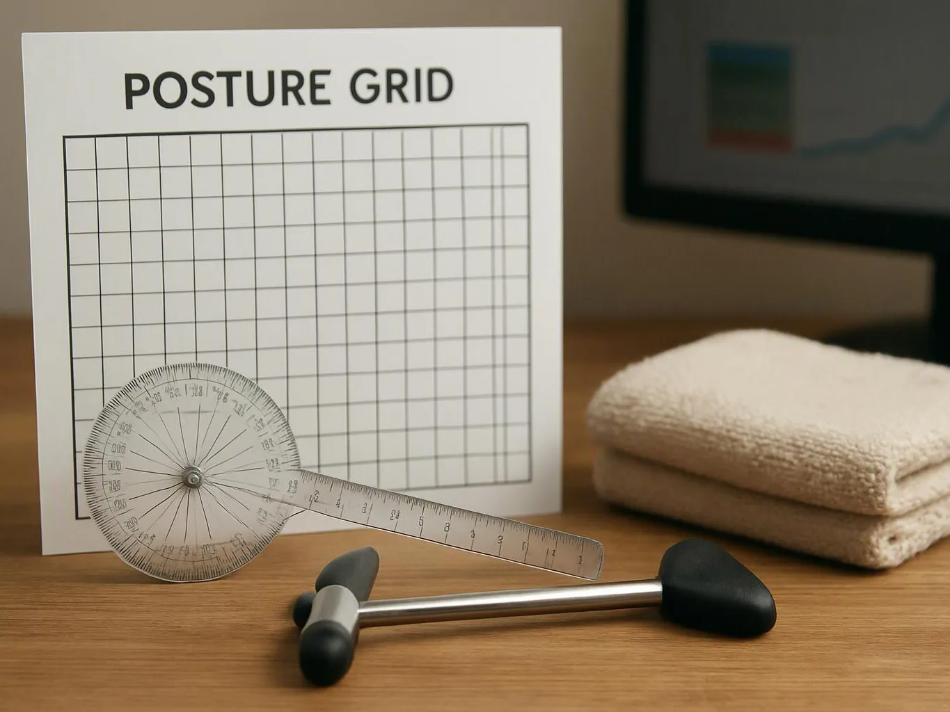 A posture grid chart stands beside a protractor, hammer, and folded towel on a wooden desk
